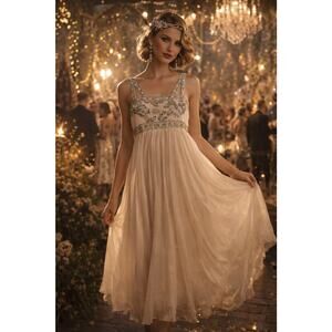 Saja Cream 100% Silk Chiffon Beaded Art Deco Empire Waist Dress Gatsby Bridal 2